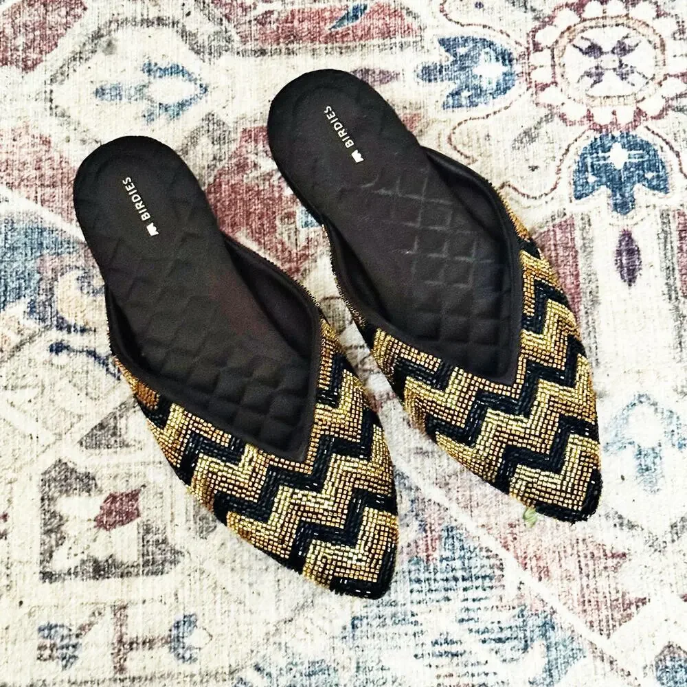 Birdies The Swan Deco Chevron Beaded Black Gold Loafers Flats Mules Size 8.5